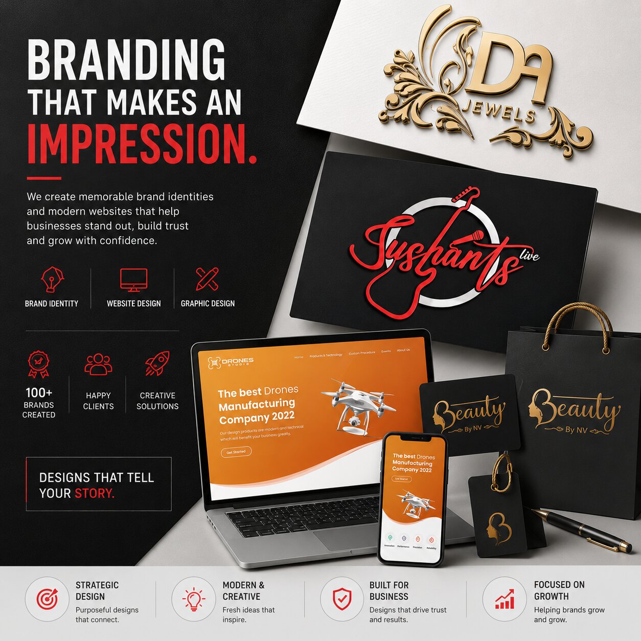 Brand identity and website design portfolio featuring logo, packaging and responsive web design projects